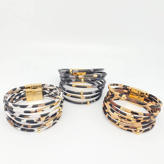 Magnetic Buckle Leopard-Print Multilayer Beaded Bangle
