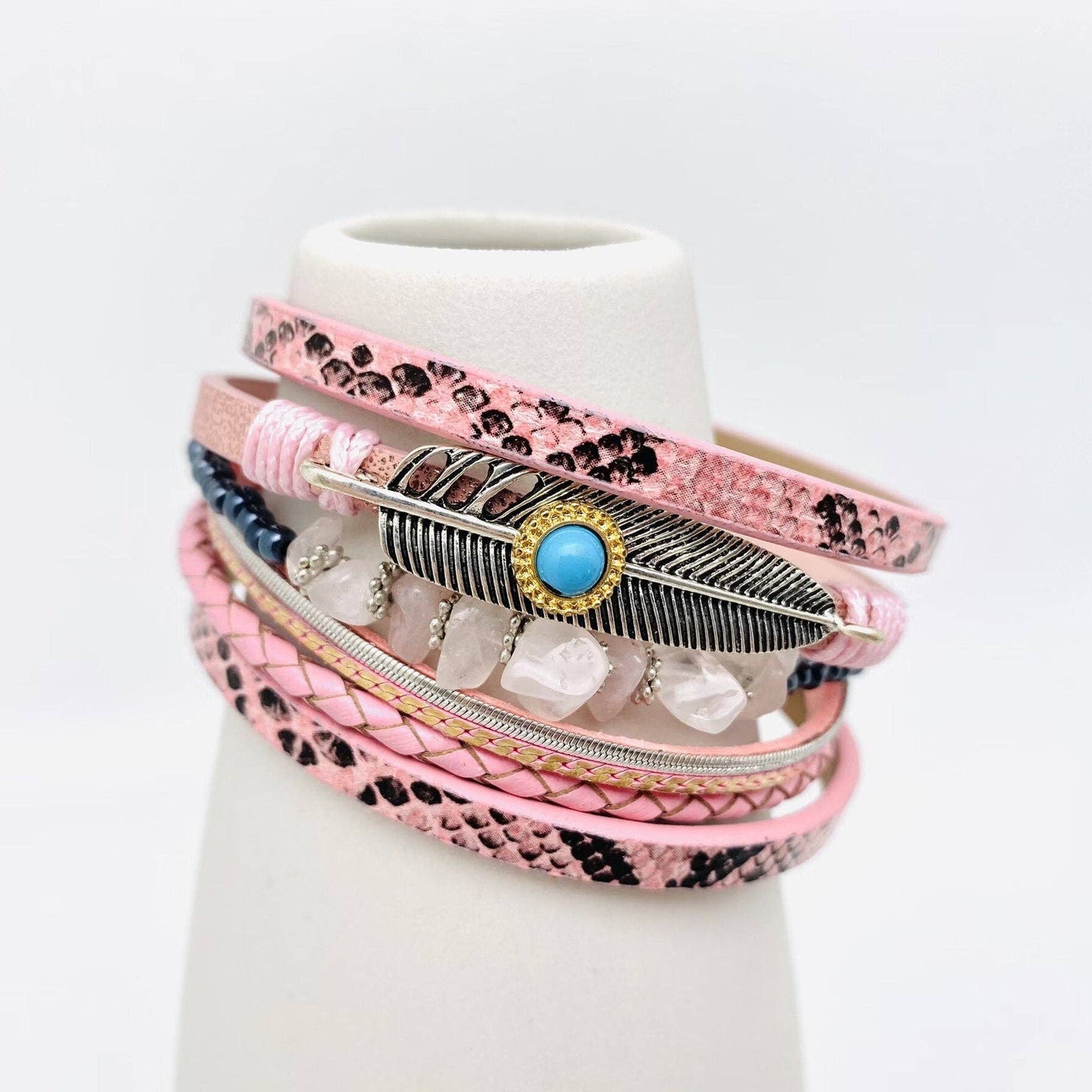 Metal Feather Charm Gravel Woven Leather Bracelet - BJ/LB