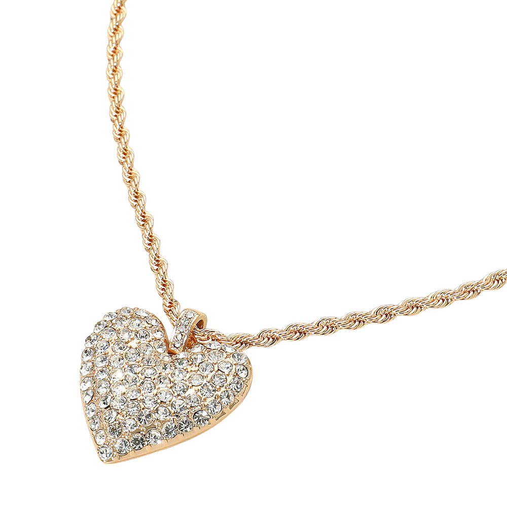 Stone Paved Heart Pendant Twisted Rope Chain Necklace