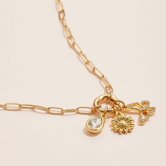 Gold Dipped Butterfly Flower Charm Necklace with Gemstone
