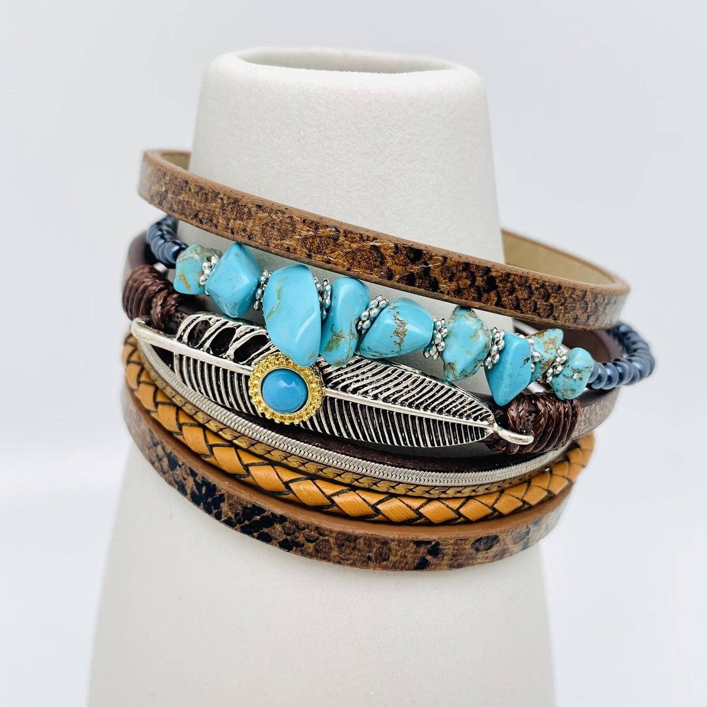 Metal Feather Charm Gravel Woven Leather Bracelet - BJ/LB