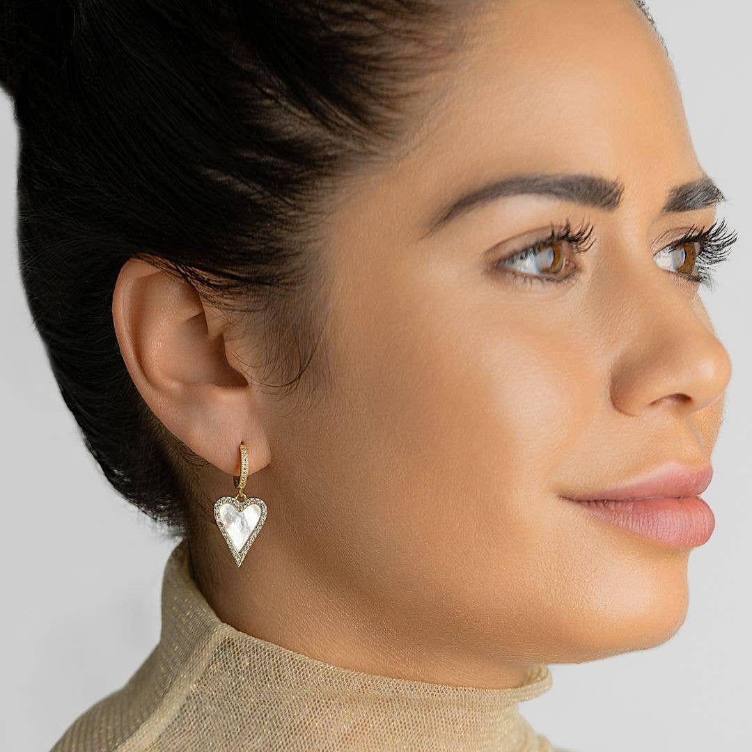 White Mother-of-Pearl Heart Huggie Earrings