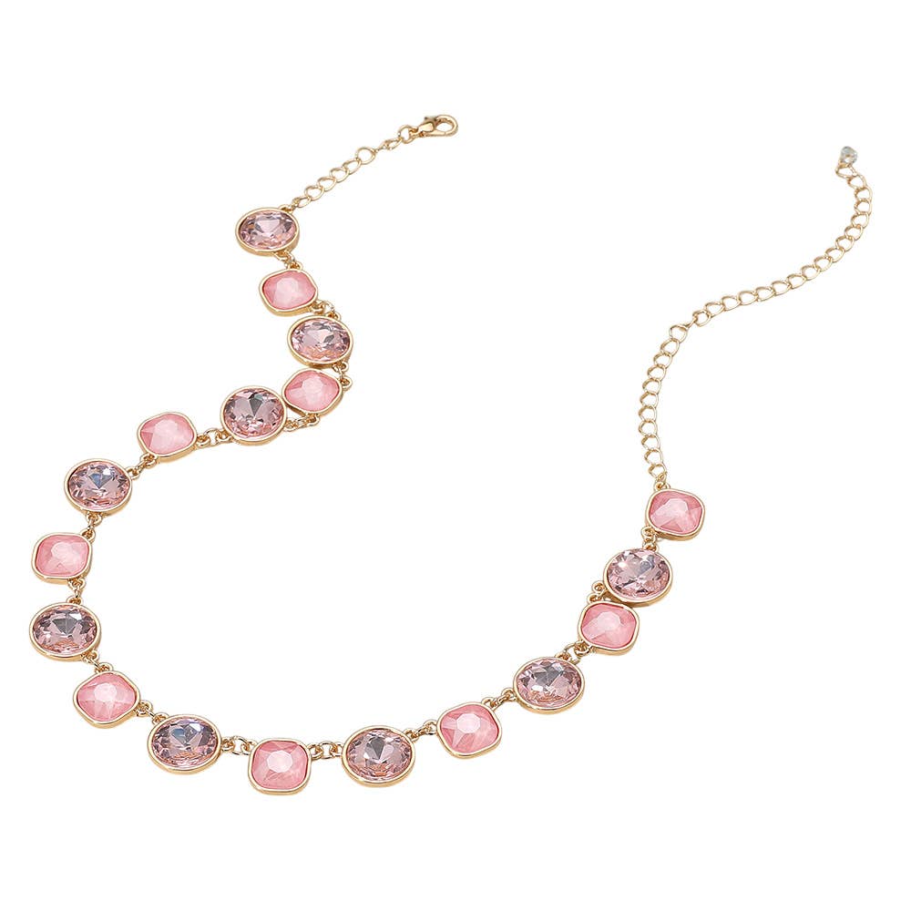 Round Square Stone Bezel Cluster Link Necklace