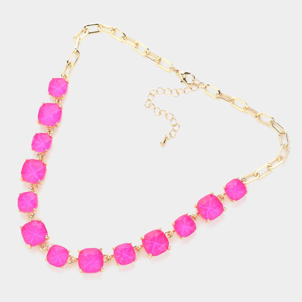 American USA Cushion Square Stone Link Evening Necklace