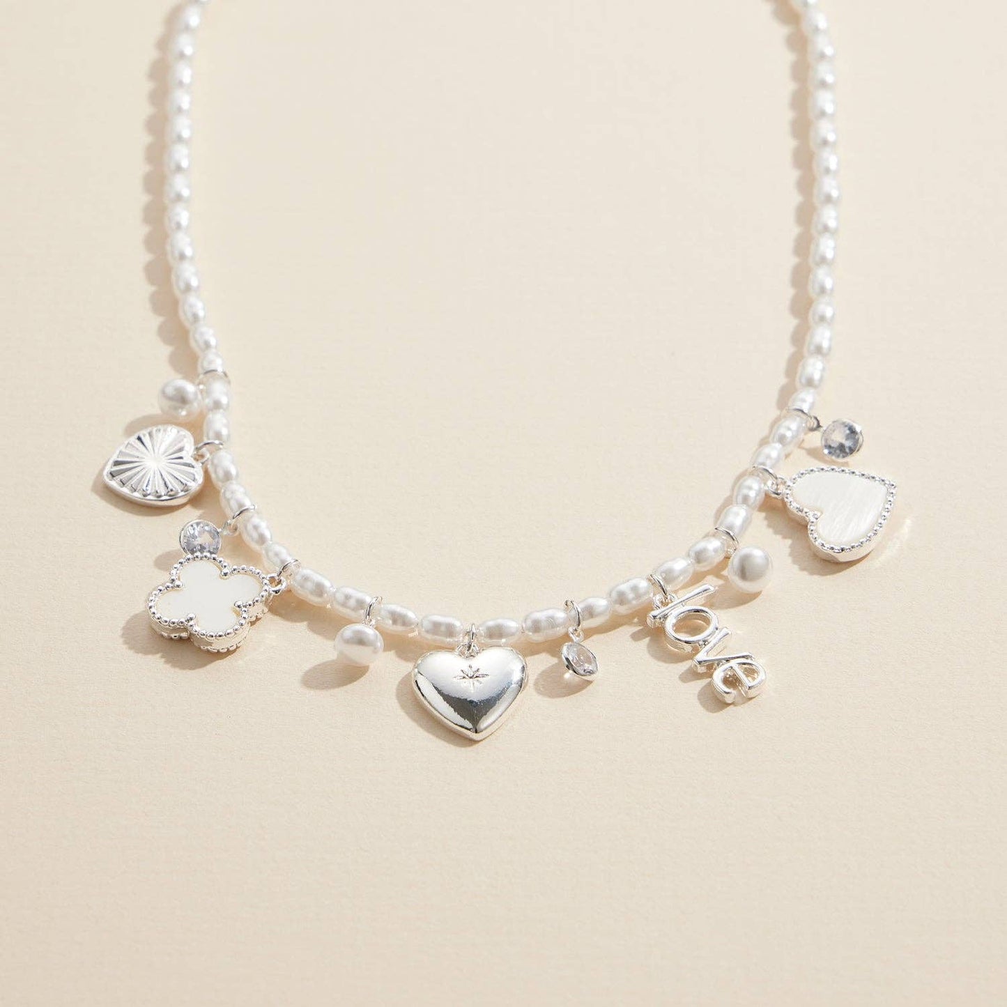 Pearl Charm Necklace with Gold & Silver Heart Pendant