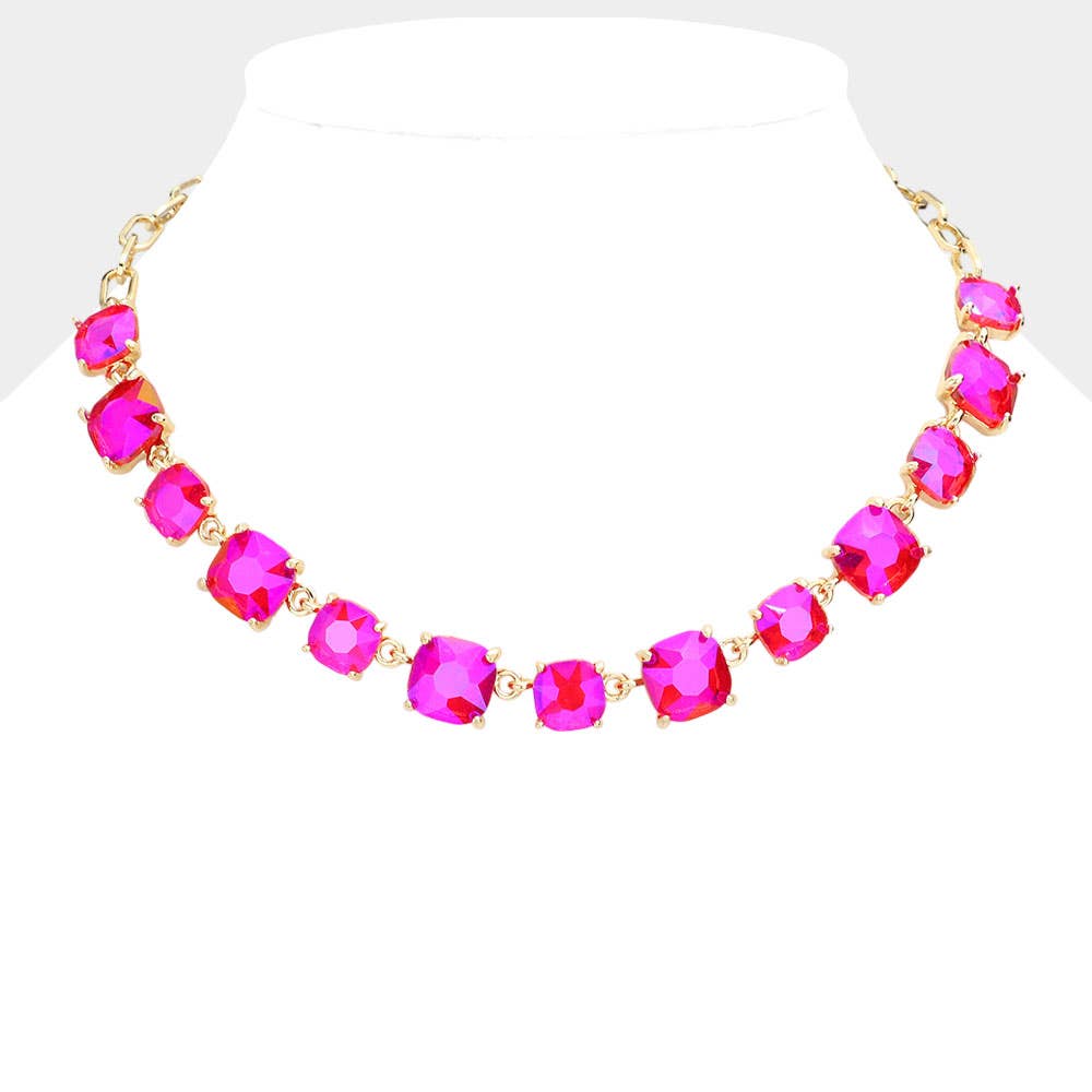 American USA Cushion Square Stone Link Evening Necklace