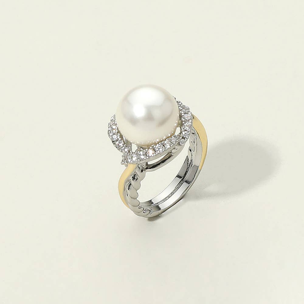 Two Tone CZ Stone Halo Pearl Statement Ring