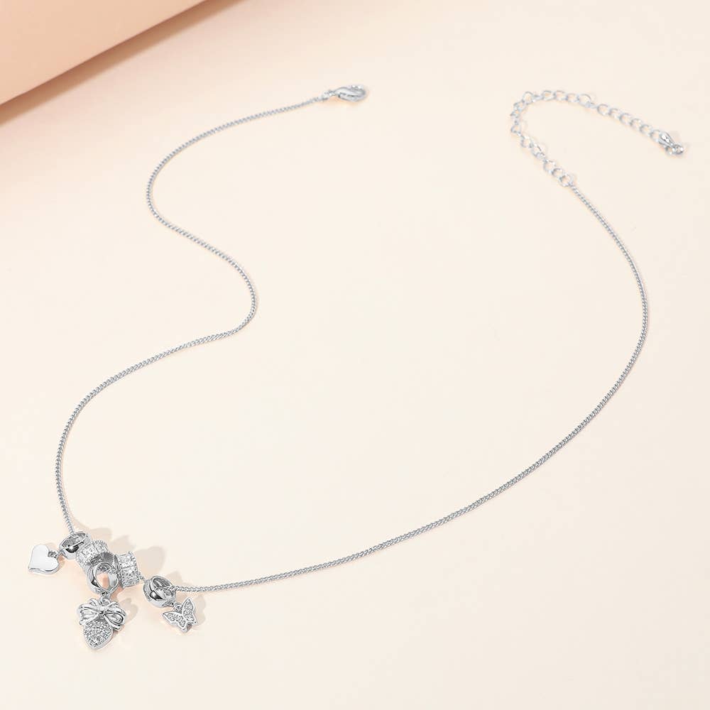 Stone Paved Heart Butterfly Bow Charm Beaded Necklace