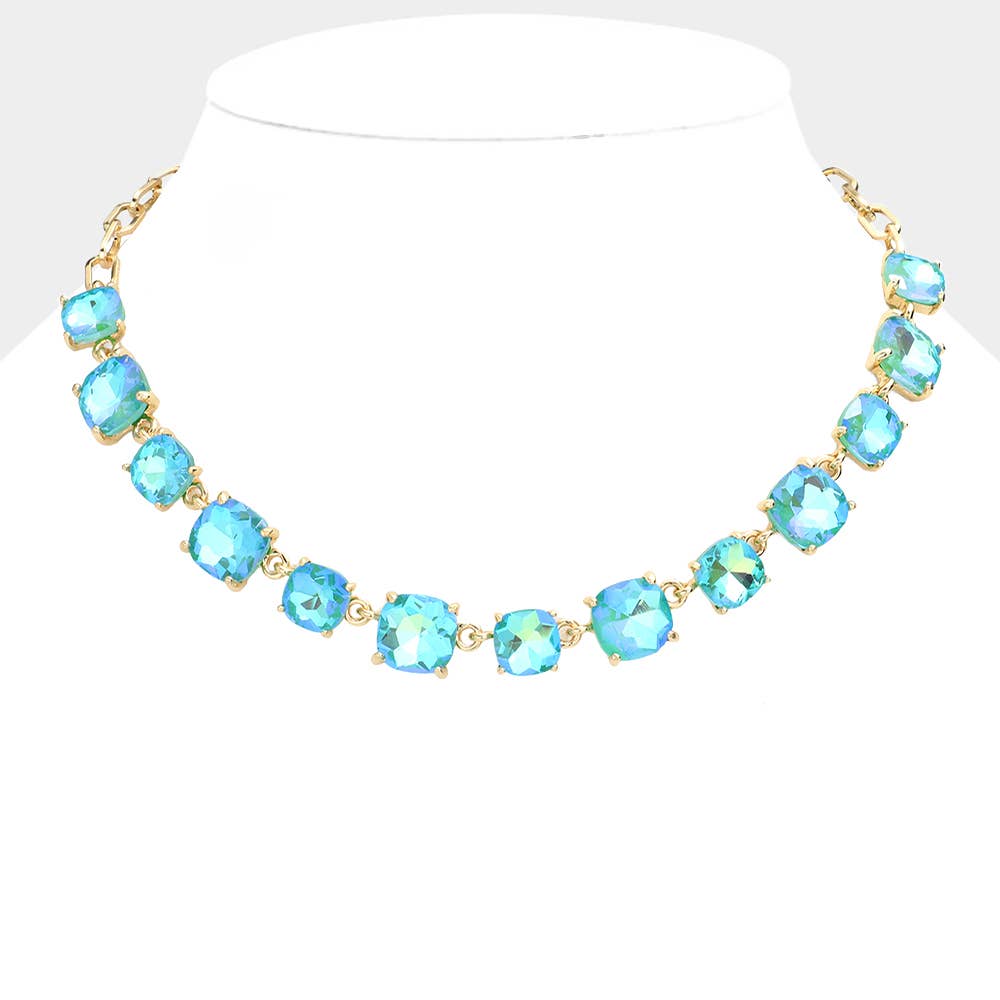 American USA Cushion Square Stone Link Evening Necklace
