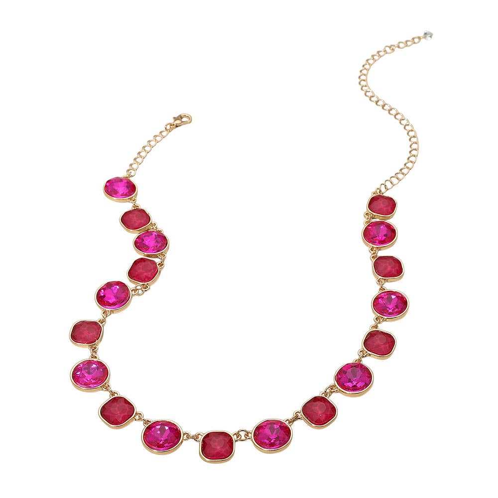 Round Square Stone Bezel Cluster Link Necklace