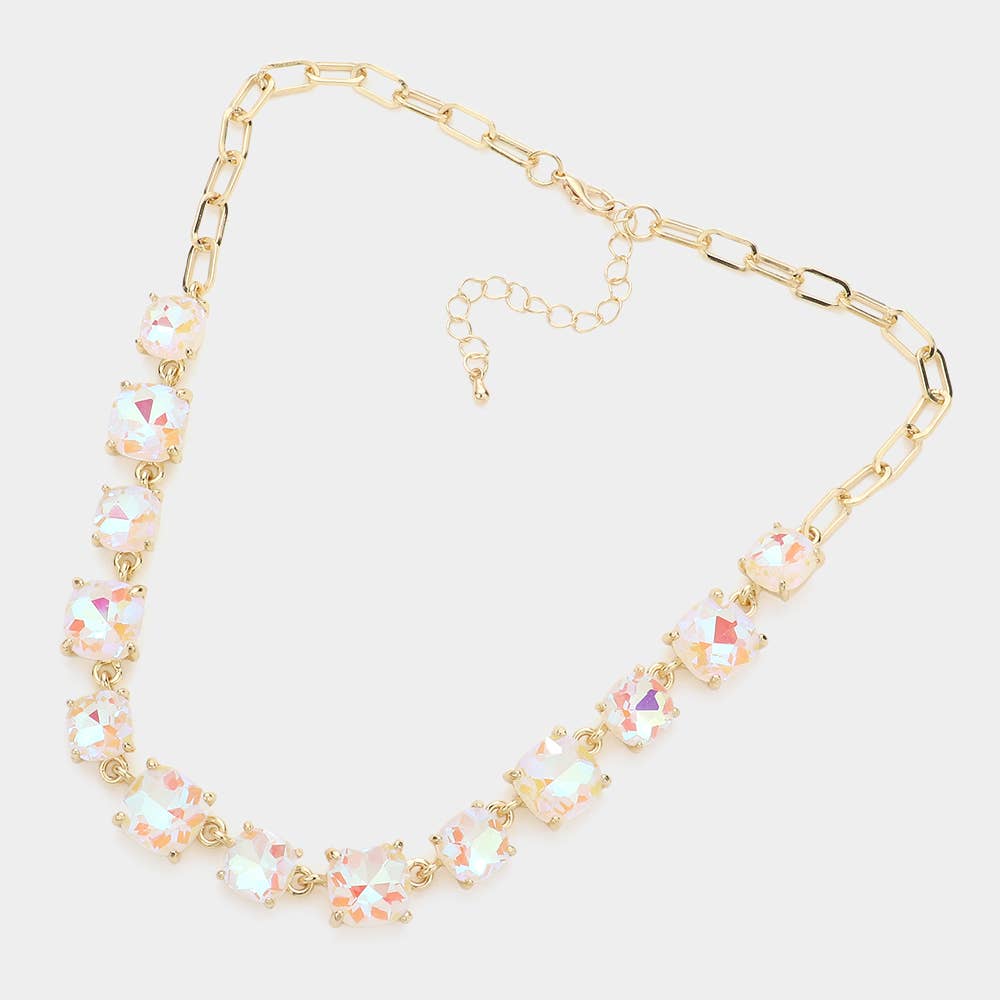 American USA Cushion Square Stone Link Evening Necklace