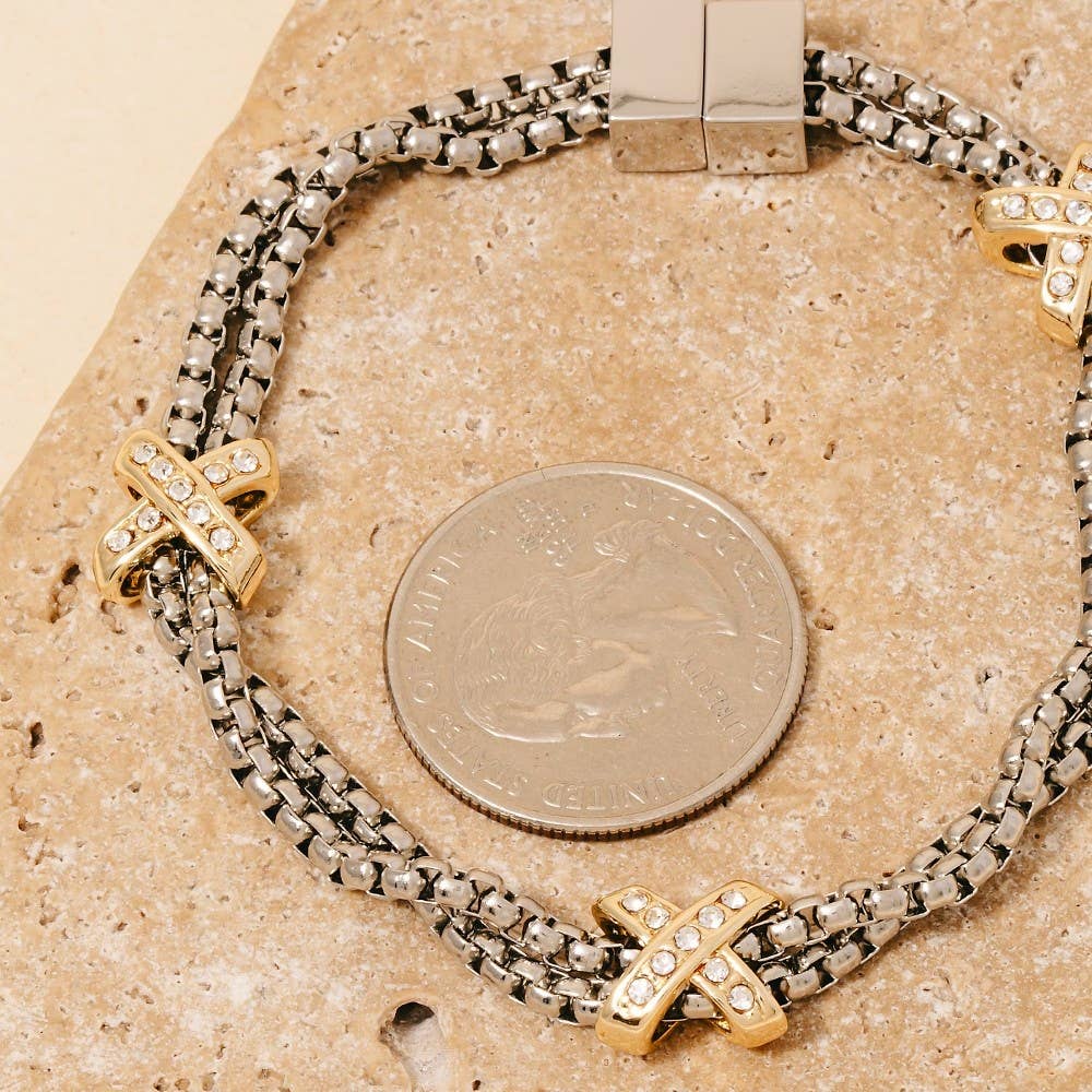 2 Tone Gold Plated Cz Pave Double Rope Chain Bracelet