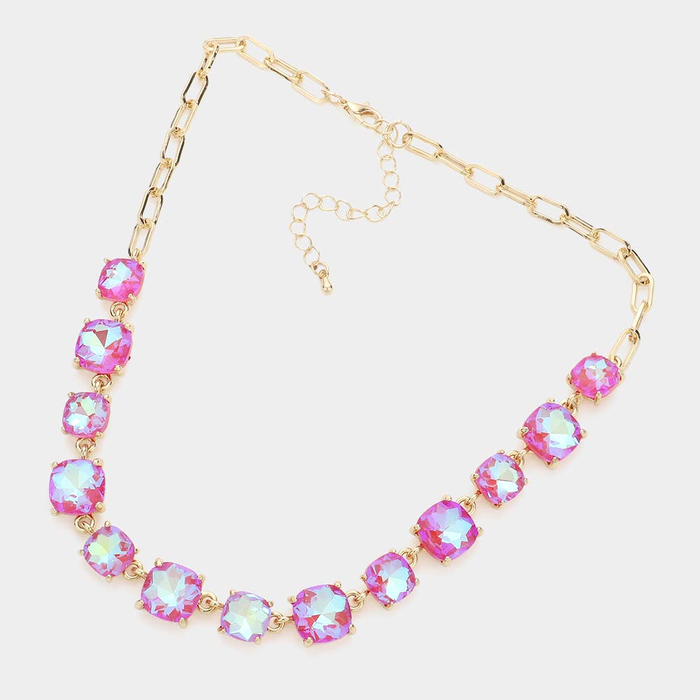 American USA Cushion Square Stone Link Evening Necklace