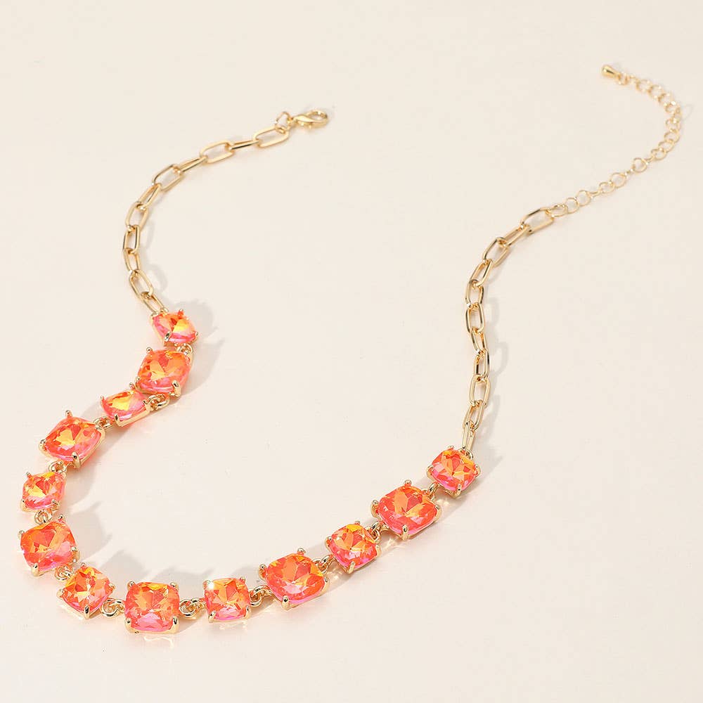 American USA Cushion Square Stone Link Evening Necklace