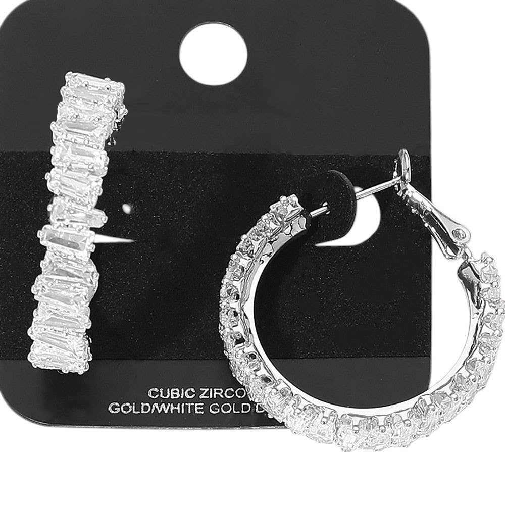 Gold Dipped Full Baguette CZ Stone Around Evening Hoop Earrings