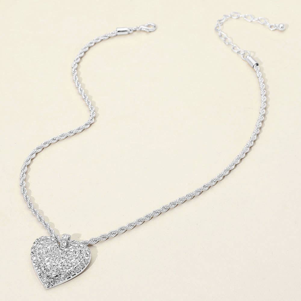 Stone Paved Heart Pendant Twisted Rope Chain Necklace