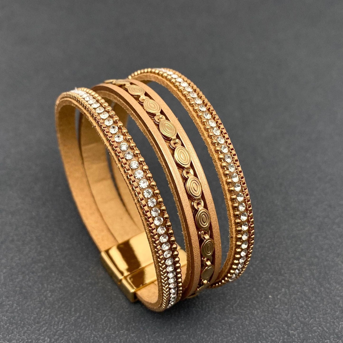 Sparkling Rhinestone & Leather Triple-Layer Boho Bracelet