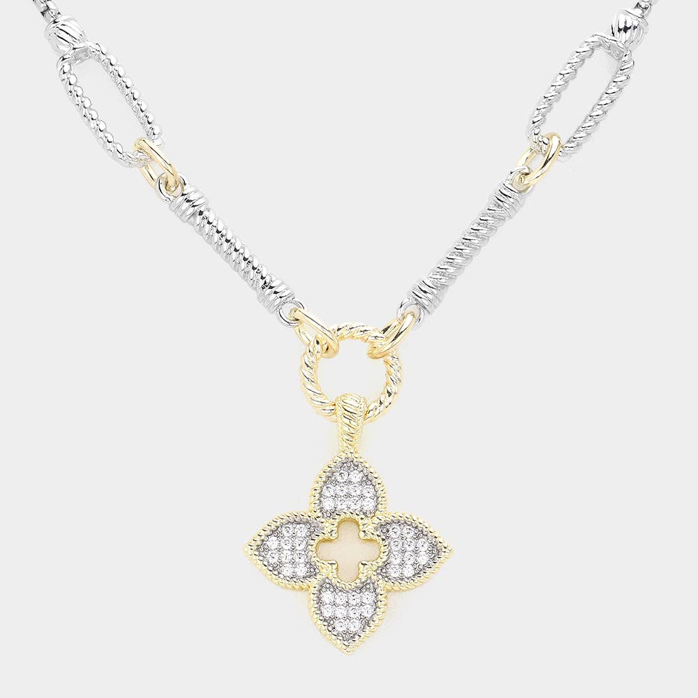14K Gold Plated CZ Stone Paved Pendant Pointed Two Tone Necklace