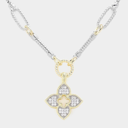 14K Gold Plated CZ Stone Paved Pendant Pointed Two Tone Necklace