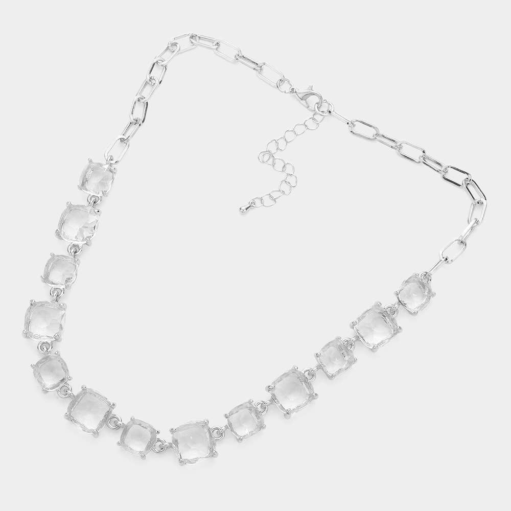 American USA Cushion Square Stone Link Evening Necklace