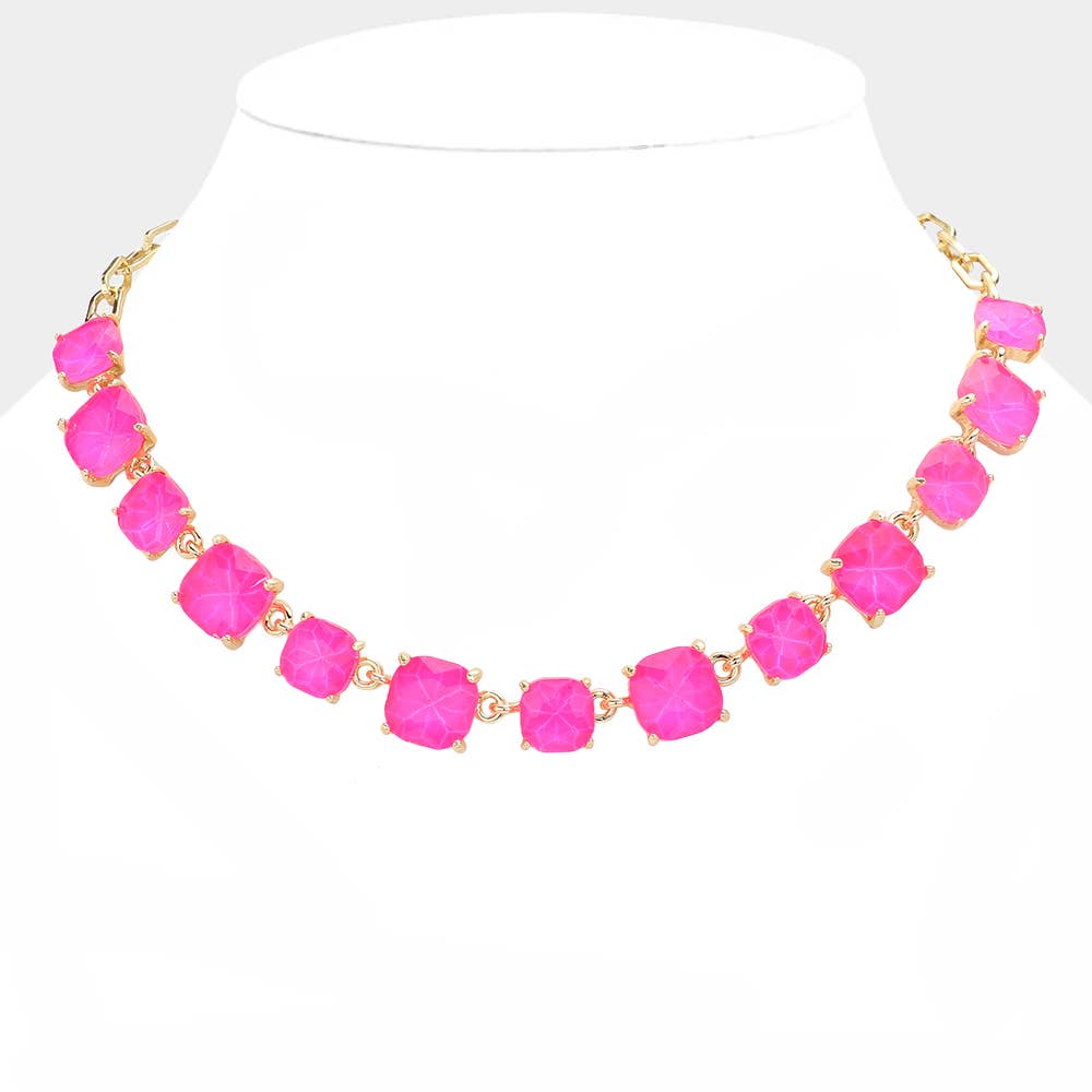 American USA Cushion Square Stone Link Evening Necklace