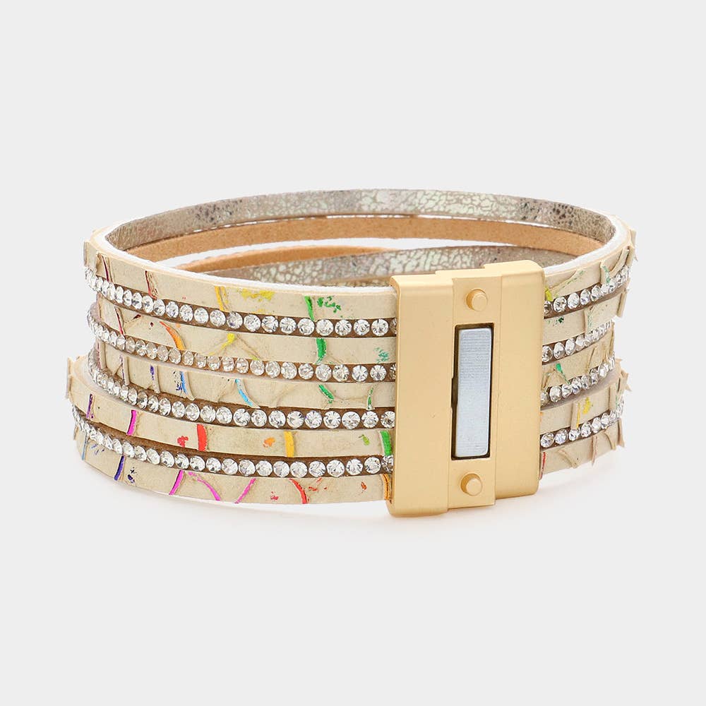 Rhinestone Paved Chain Faux Leather Magnetic Bracelet