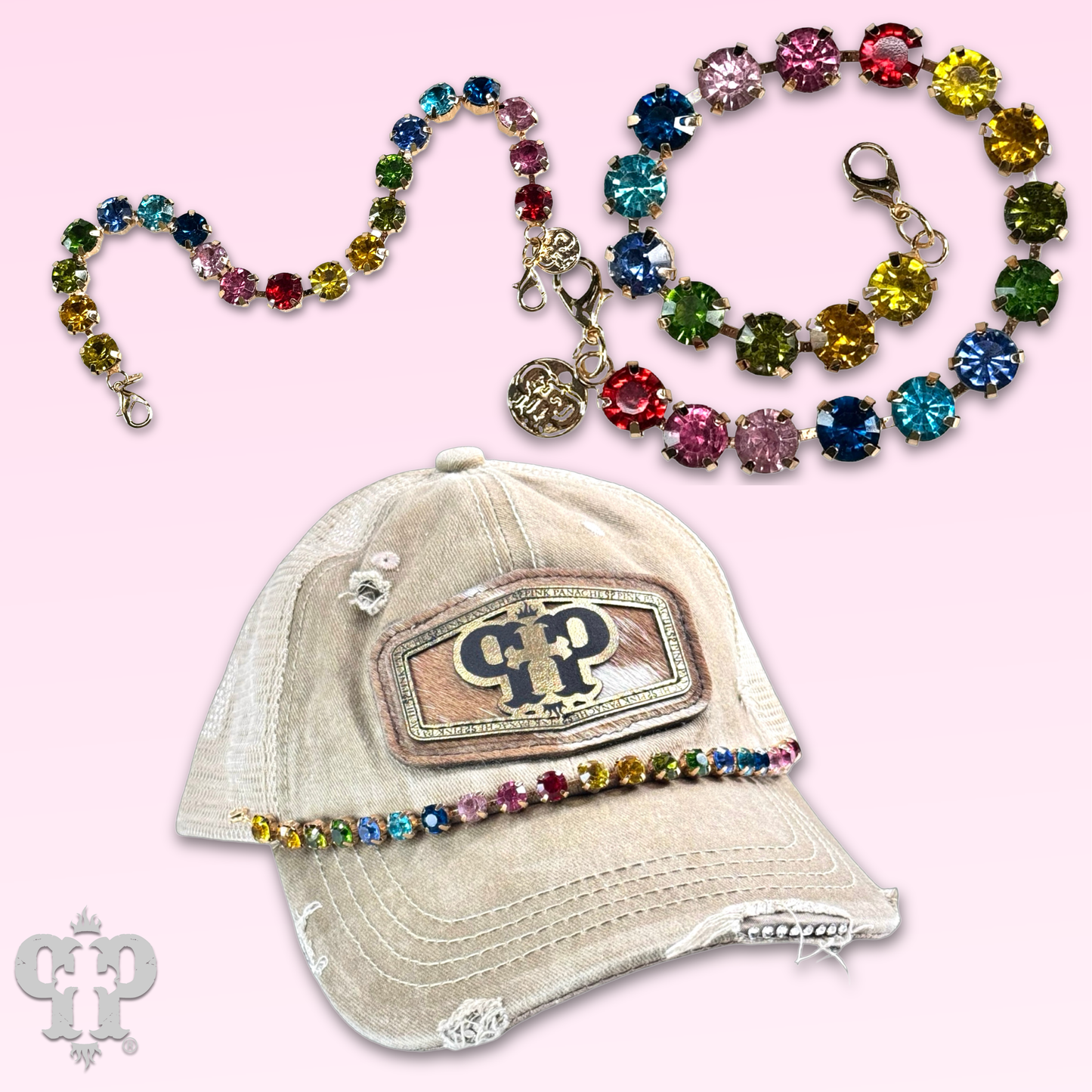 Multi-color rhinestone trucker hat chain
