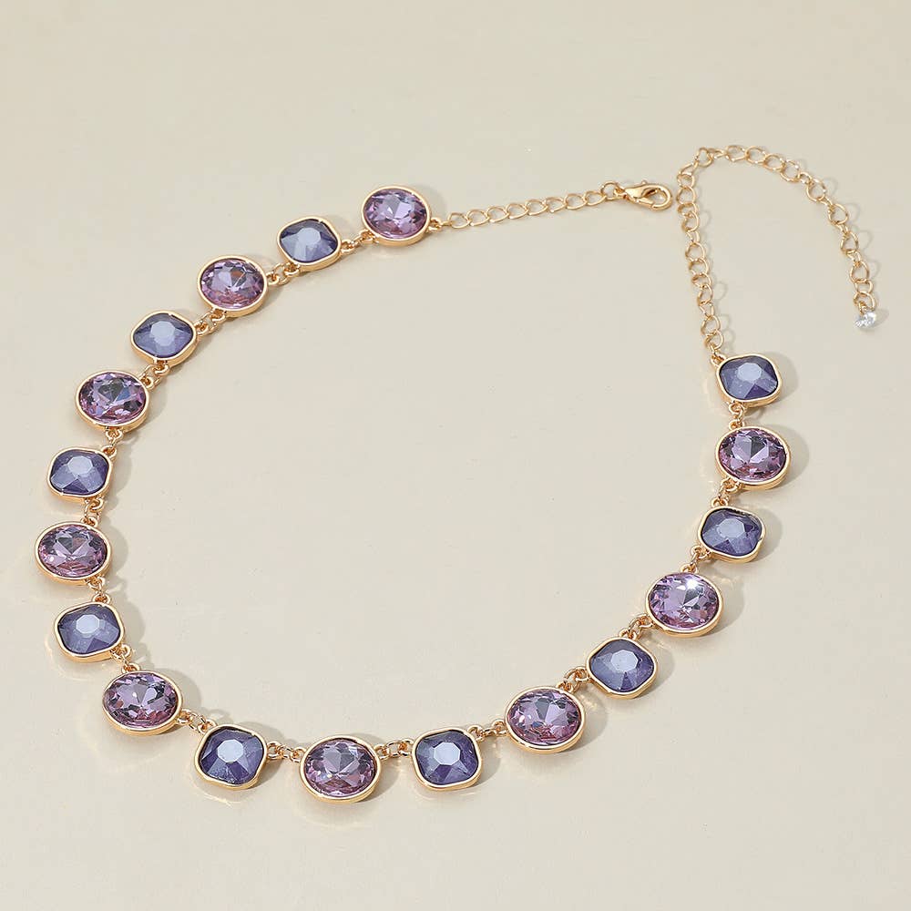 Round Square Stone Bezel Cluster Link Necklace