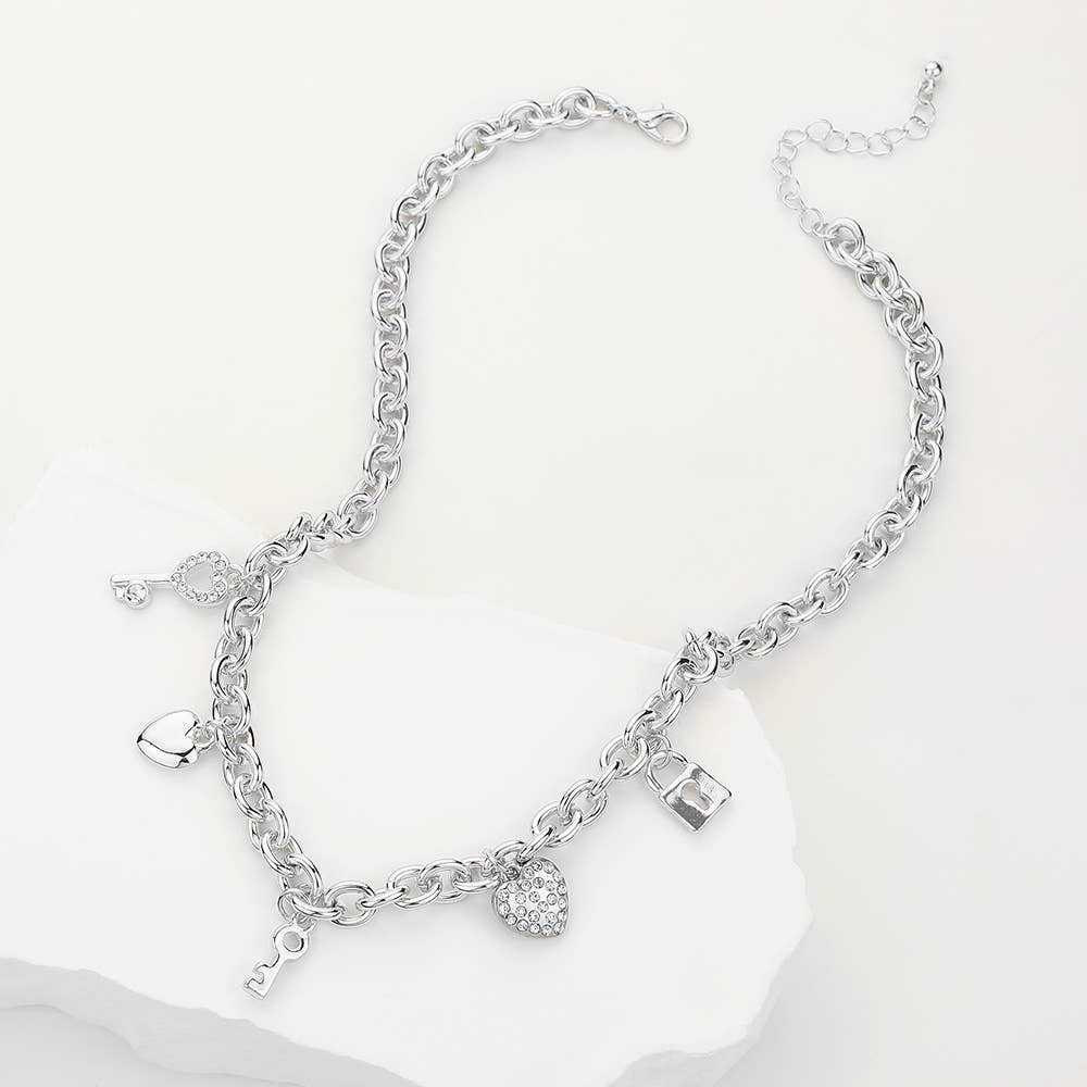 SECRET BOX_Stone Paved Key Heart Metal Lock Charm Station Chain Necklace