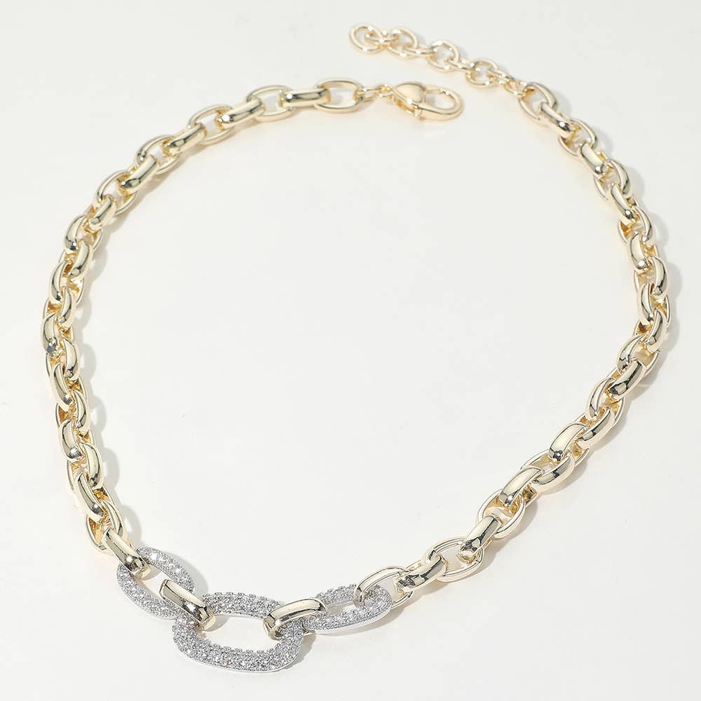 14K Gold Plated CZ Stone Paved Double Oval Link Accent Link Chain Necklace