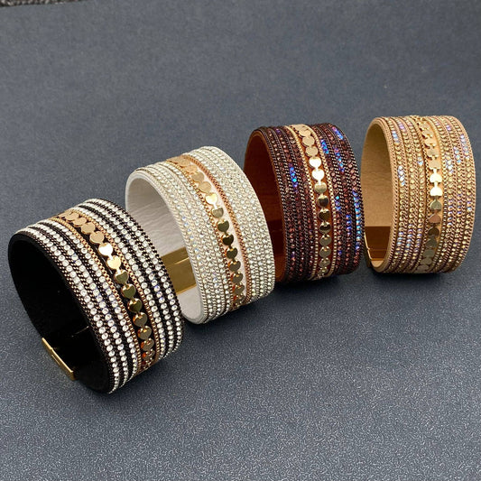 Sparkling Rhinestone Leather Magnetic Clasp Bracelet - LB