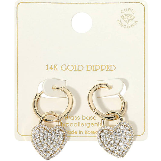 14K Gold Dipped CZ Stone Paved Heart Drop Huggie Earrings