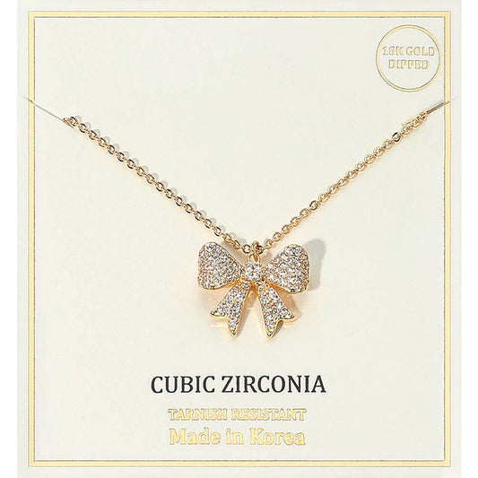 18K Gold Dipped CZ Stone Paved Bow Pendant Necklace