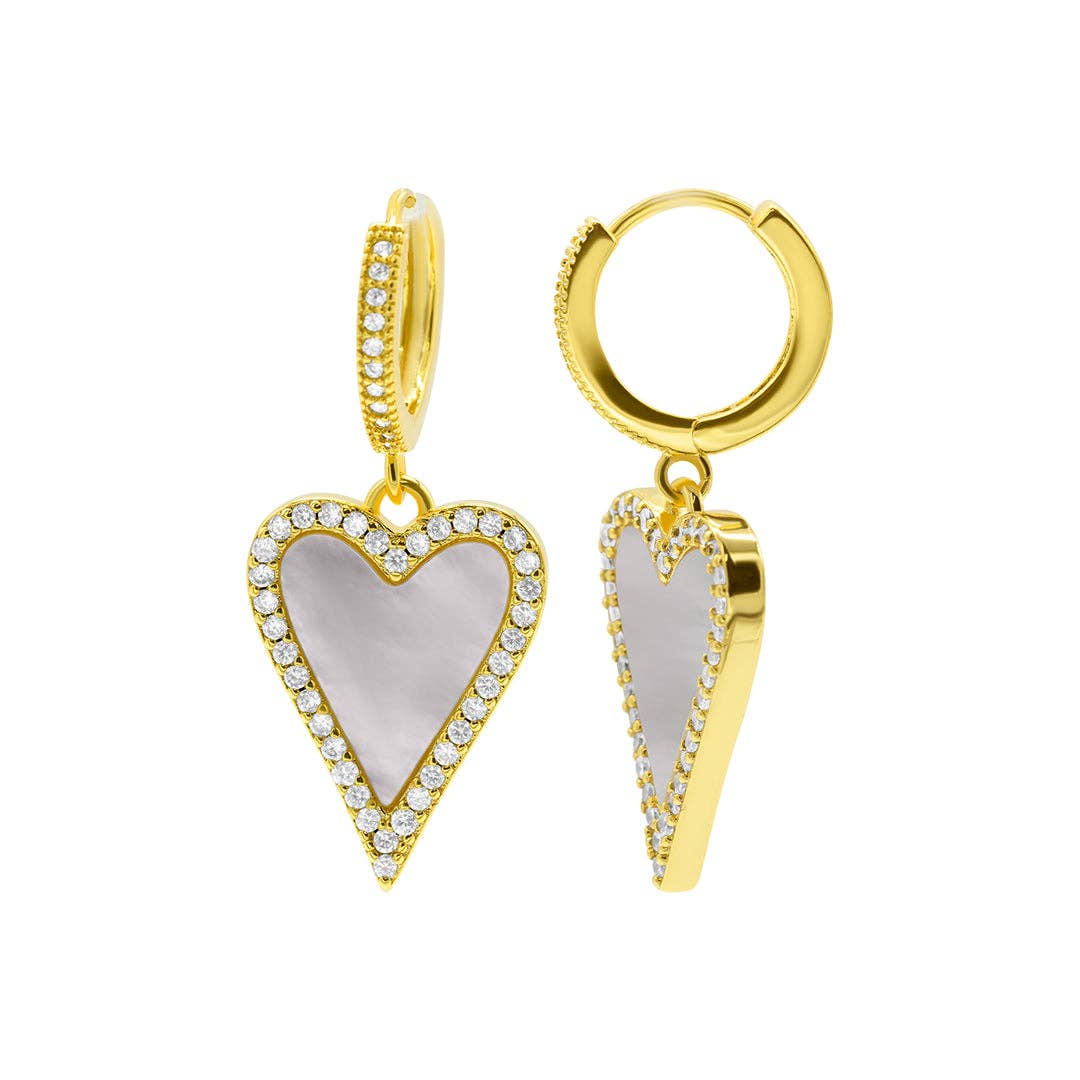 White Mother-of-Pearl Heart Huggie Earrings