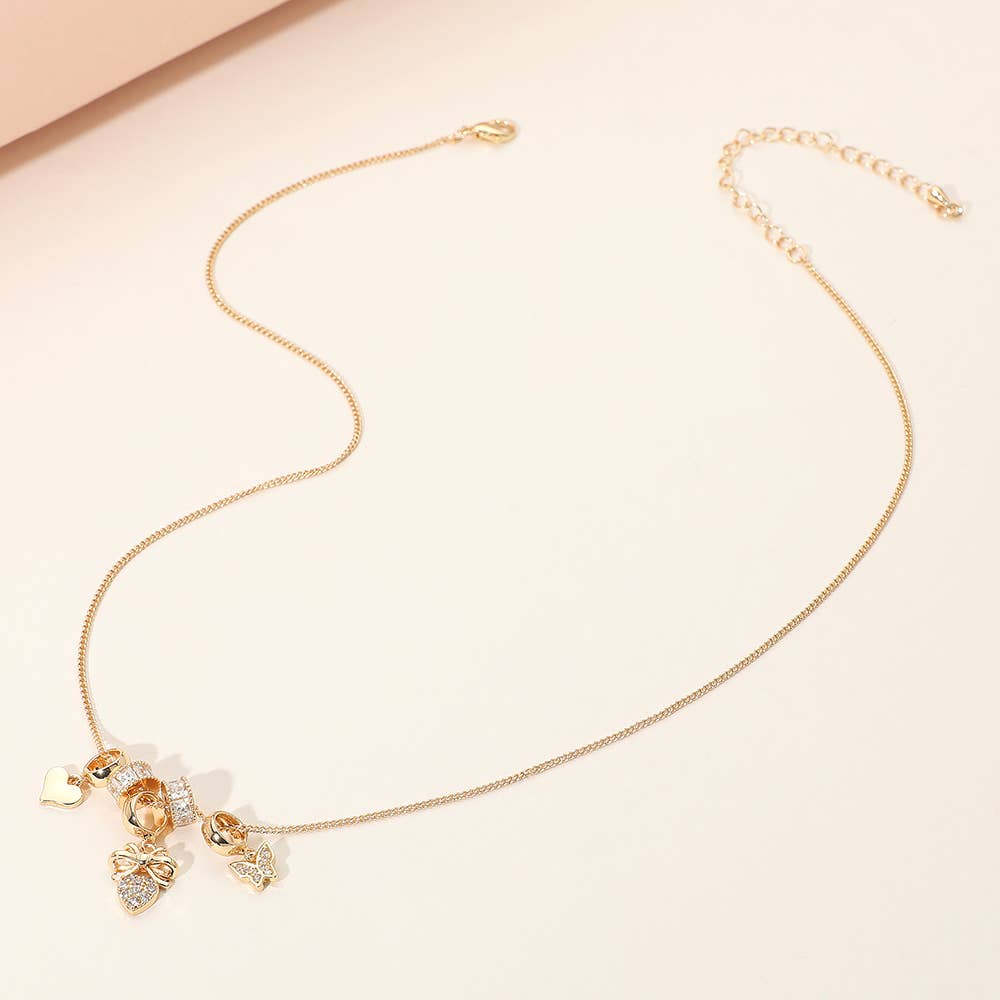 Stone Paved Heart Butterfly Bow Charm Beaded Necklace