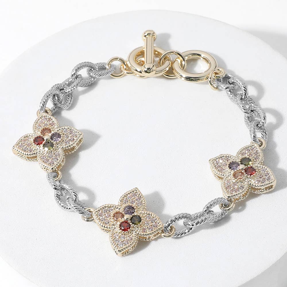 14K Gold Plated Colorful CZ Clover Charm Toggle Bracelet