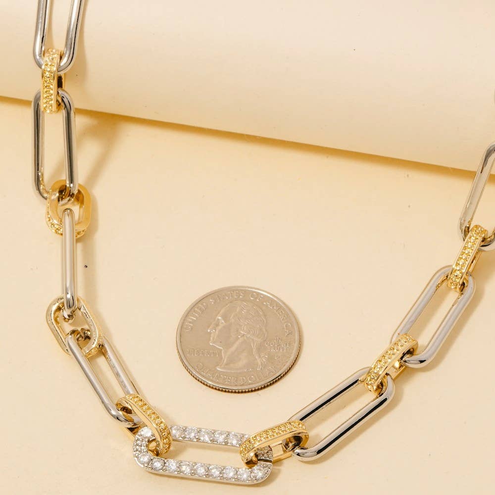 Two Tone Oval Chain Cz Pave Link Chain Necklace