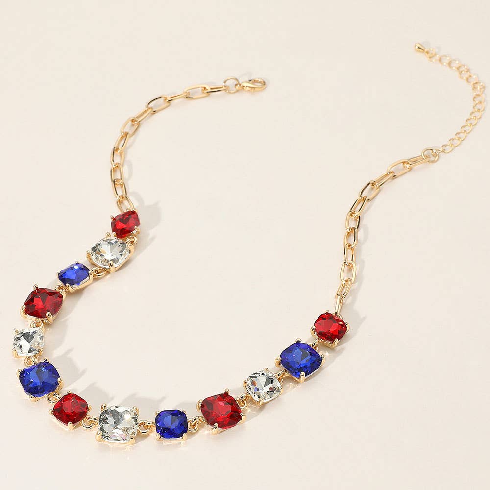 American USA Cushion Square Stone Link Evening Necklace