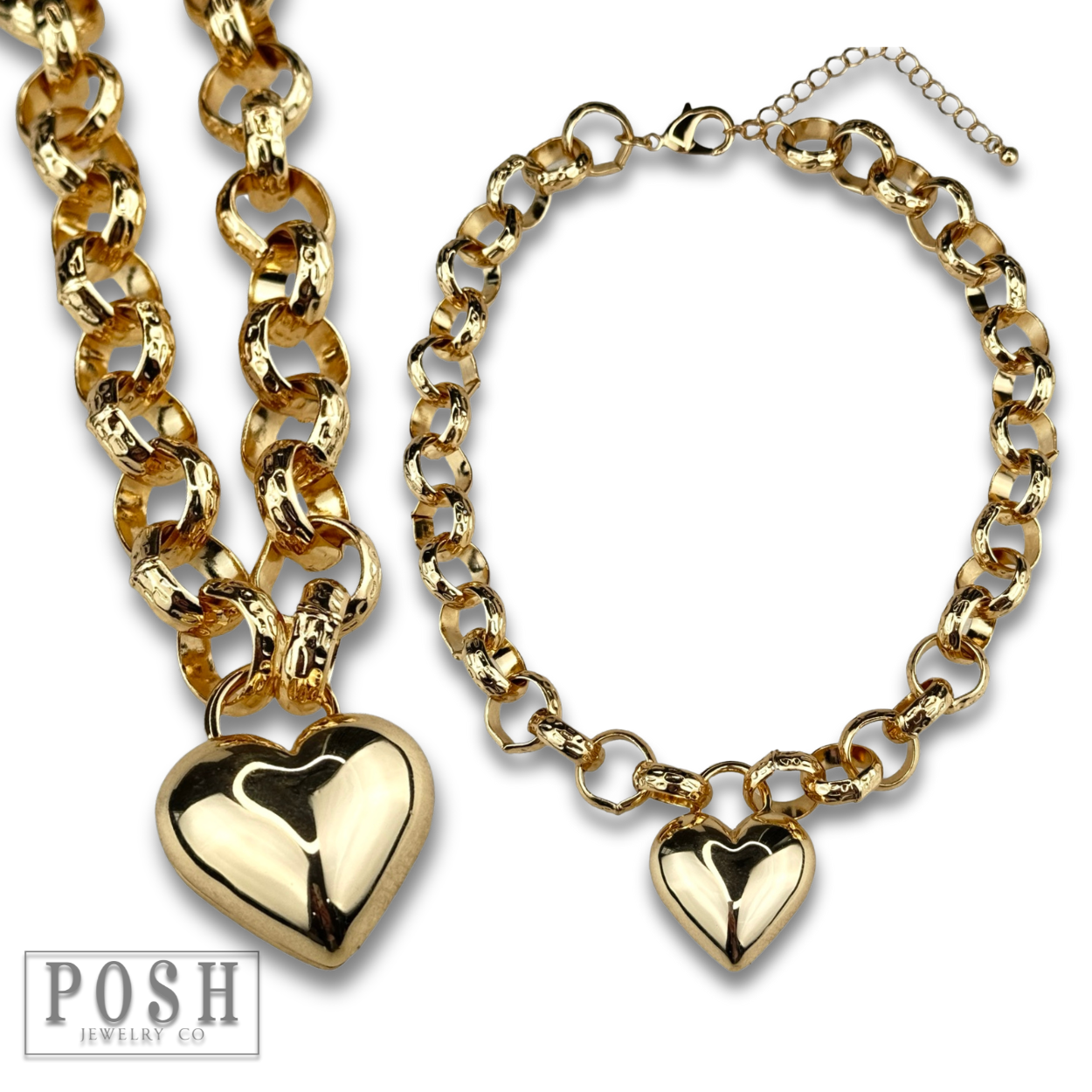 Puffed heart and chunky chain necklace