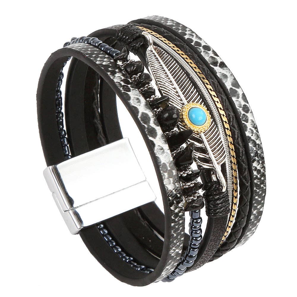 Metal Feather Charm Gravel Woven Leather Bracelet - BJ/LB